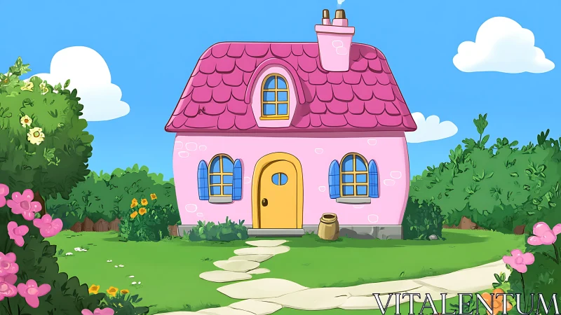 Candy-roof cottage under blue-sky giggles of springtime.