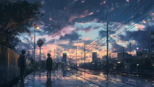 Rainlit tracks cradle two quiet hearts beneath sunset