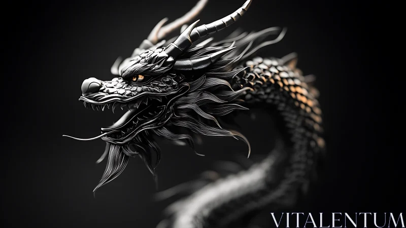 Metallic black dragon head with coiled serpentine body.