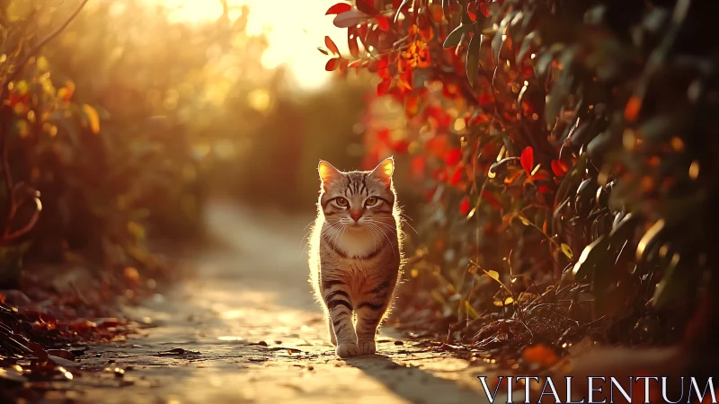 Tabby Cat Walking Through Autumn Foliage with Golden Hour Backlighting