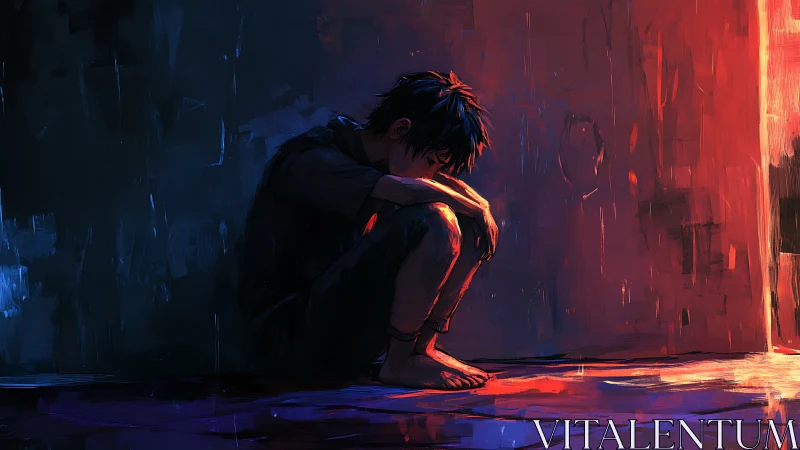 Solitary figure in chromatic contrast near doorway aperture.