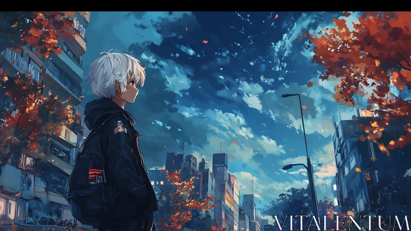Anime urban skyline with autumn foliage and lone teen figure.