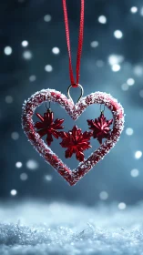 Red heart ornament with snowflakes in a snowy blur scene.