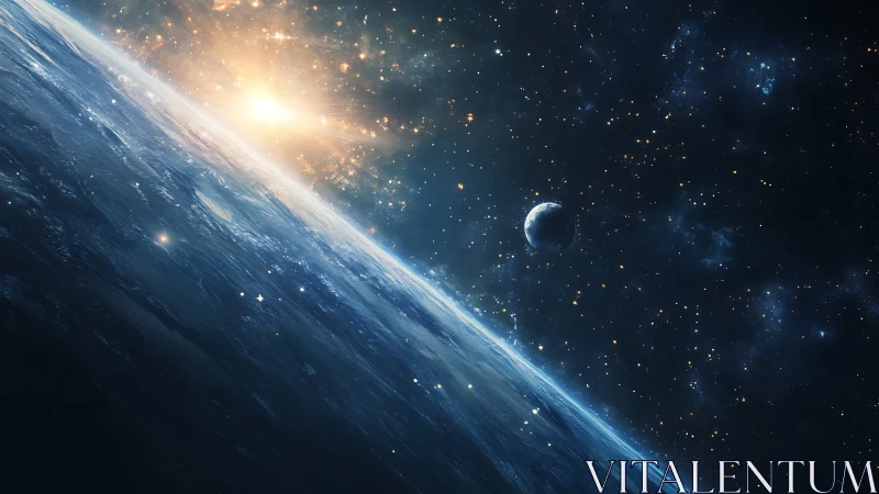 Earth horizon in deep space with sunrise and distant moon.