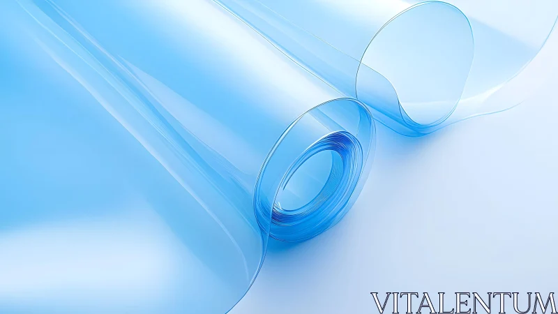 Transparent blue plastic film rolls on white background, minimal style.