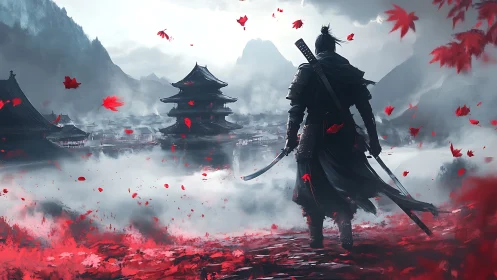Samurai silhouette surveys misty pagoda valley with dynamic red foliage