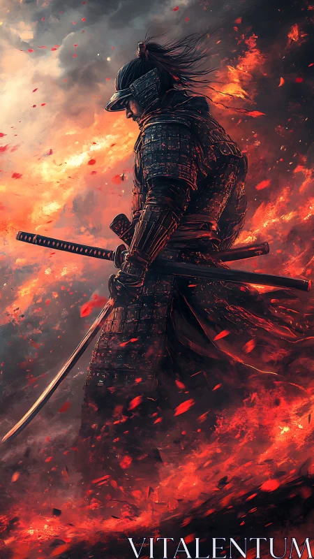 Samurai warrior strides through inferno with drawn katana.