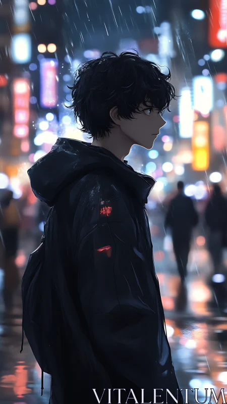 Solitary youth in rainy neon city street at night.