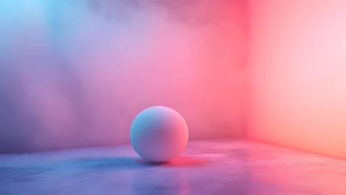Minimalist sphere in neon-lit room with blue and pink gradient lighting.