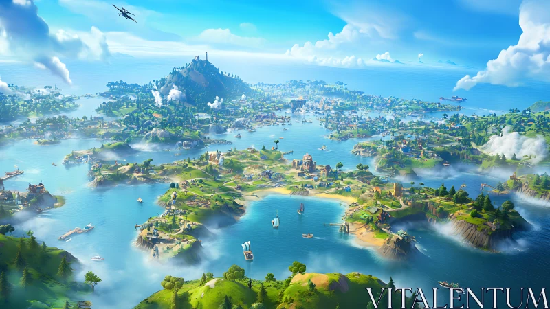 Archipelago Fantasy: Layered Isometric Landscape with Mythic Summit.