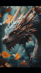 Armored dragon prowls an autumn forest in moody twilight