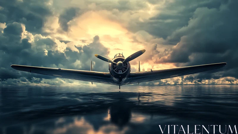 Vintage warplane roars above stormy ocean horizon at dusk.