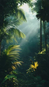 Tropical Forest Interior With Frond Illumination.