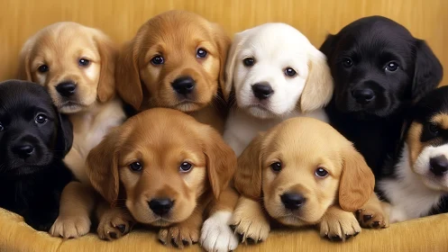 Group portrait of golden, black and cream puppies together.
