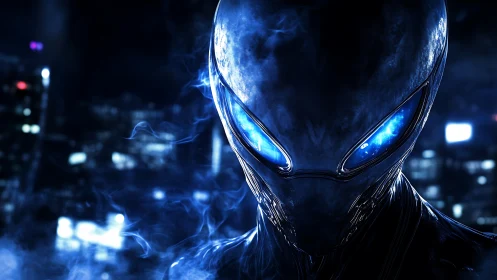 Extraterrestrial figure with blue illuminated eyes at night.