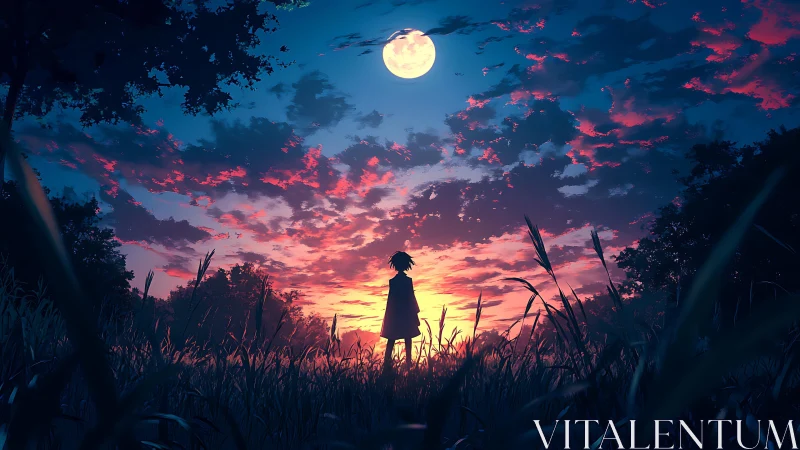 Silhouette child stands in tall grass under moonlit sunset sky