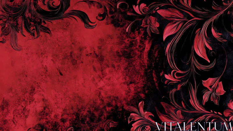 Red floral scrollwork curls over textured black void