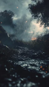 Stormlit forest trail with cinematic rain and embers.