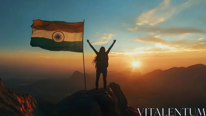 Silhouette on summit with Indian flag at radiant sunrise.