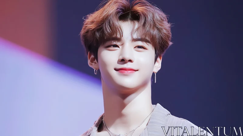 Soft-lit idol smile under pastel stage glow, dreambright.