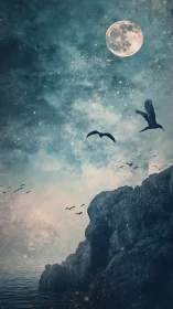 Moonlit cliffside with drifting birds and quiet cosmic glow.