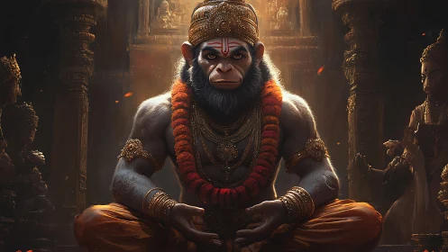 Majestic monkey deity sits in quiet strength and glowing light