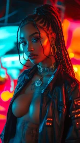 Cyberpunk portrait uses neon rim lighting and glossy skin shading