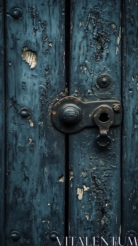Weathered blue wooden door lock suggests age and secrecy