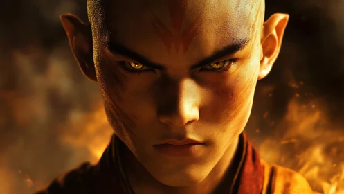 Intense shaved warrior portrait amid luminous fire glow.
