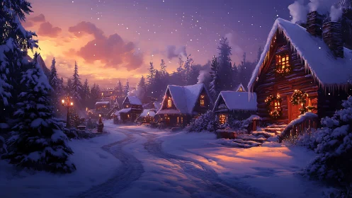 Winter village street under warm lantern glow at dusk.