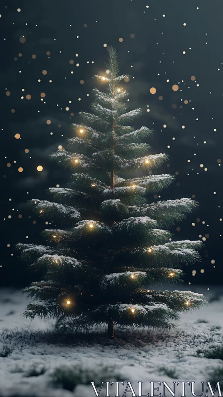 Snow covered evergreen tree with small warm lights at night.