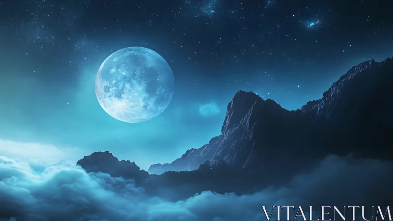 Luminous blue moon above misty mountains at nightfall.