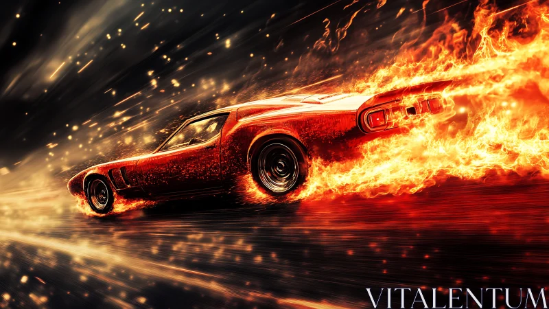 Red Muscle Car Engulfed in Flames.