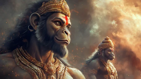 Divine monkey warriors in ornate golden armor stand poised.