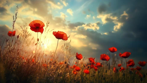 Sunlit poppy field glows under dramatic stormy sky.