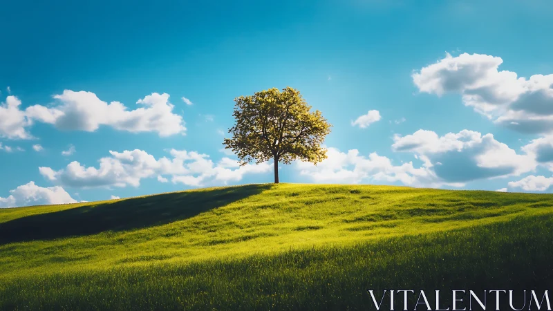 Lone tree on grassy hill under blue sky, bright landscape photo.