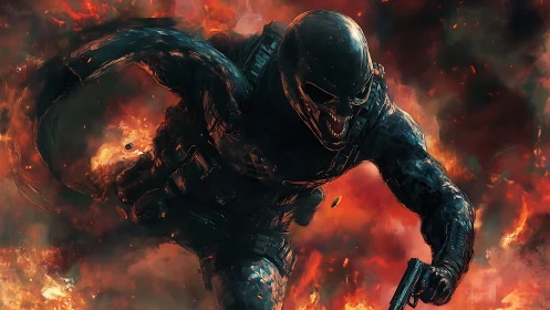 Armored monster soldier charges through inferno in brutal combat