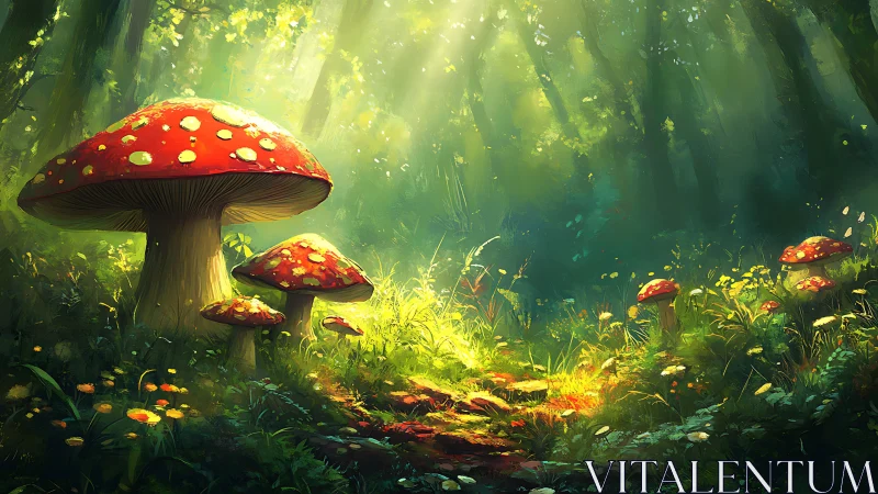 Sunlit forest path lined with storybook red mushrooms.