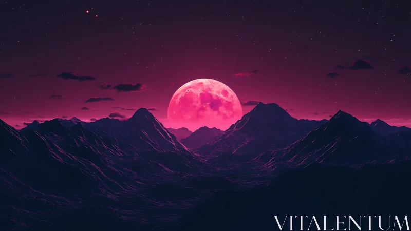 Crimson supermoon pouring neon light over alien peaks.