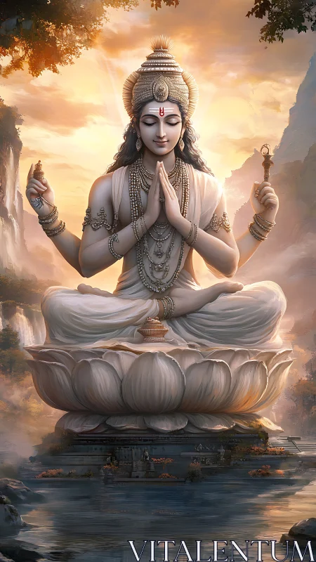 Serene divine figure meditating on radiant lotus pedestal.