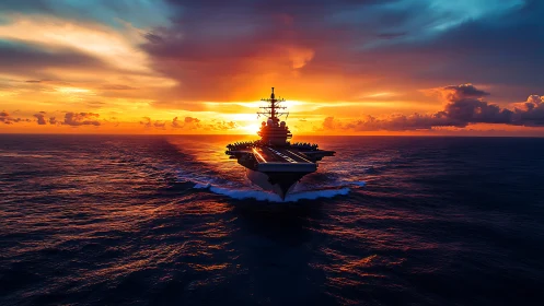 Sunset-lit aircraft carrier glides calmly across open ocean