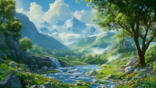 Mountain valley river scene renders detailed atmospheric depth