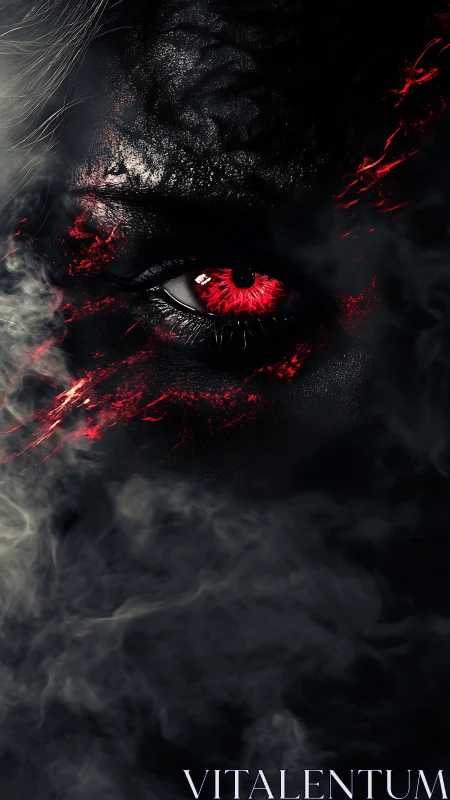 Infernal red eye emerging through smoke and charred skin