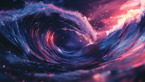Cylindrical ocean wave with pink and blue spectral light.