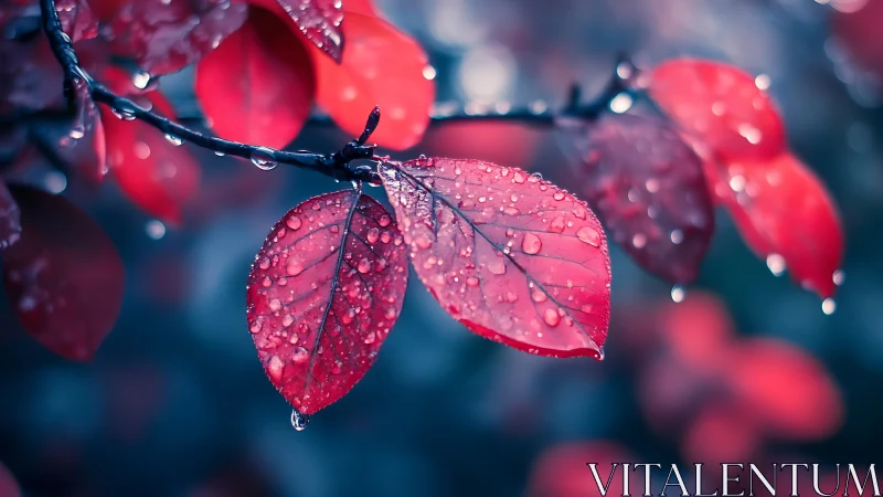 Crimson leaves with dewdrops in cool bokeh twilight focus.