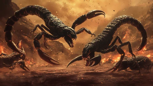 Armored scorpions clash amid incendiary volcanic wasteland