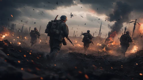 Infantry advancing through artillery-scarred inferno battlefield.