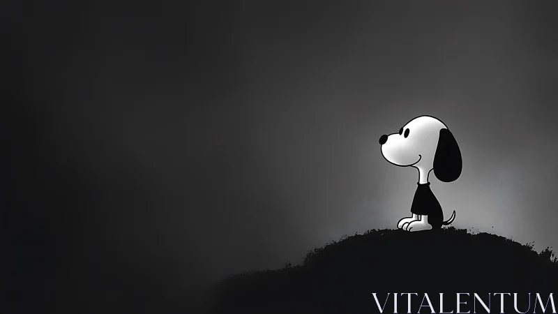 Monochrome cartoon dog in spotlight on minimal dark ground