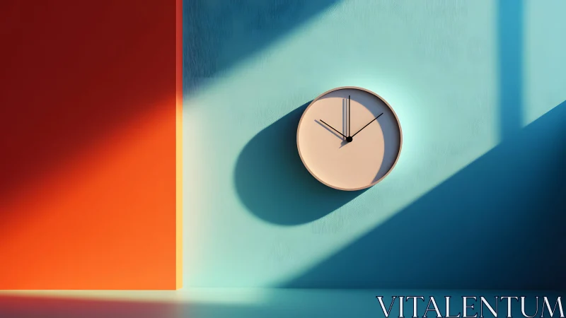 Minimalist wall clock with dramatic shadows and colorful lighting.