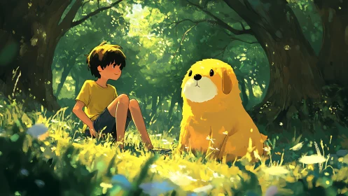Boy and oversized yellow dog sitting in sunlit forest.